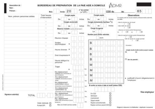 Bordereau de préparation de la paie aide à domicile - Réf. 85-311