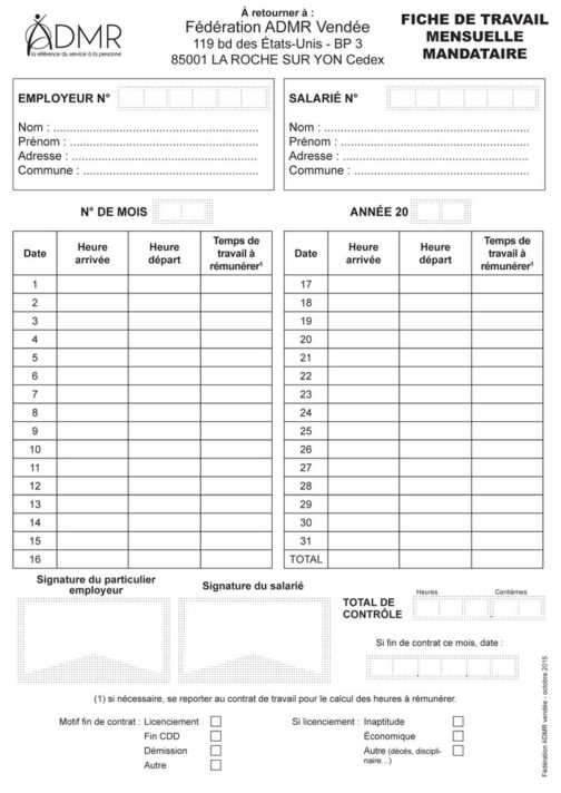 Fiche de travail mensuelle MANDATAIRE - Réf. 85-323