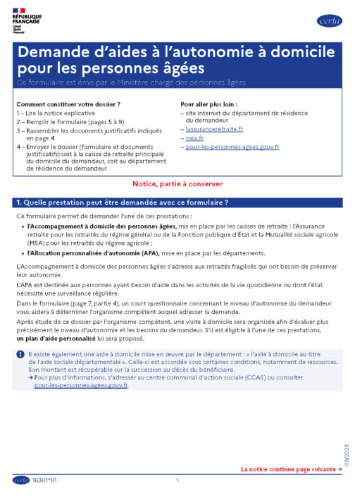 Dossier unique-Demande d'aide à l'autonomie à domicile pour les personnes âgées - Réf. 85-209